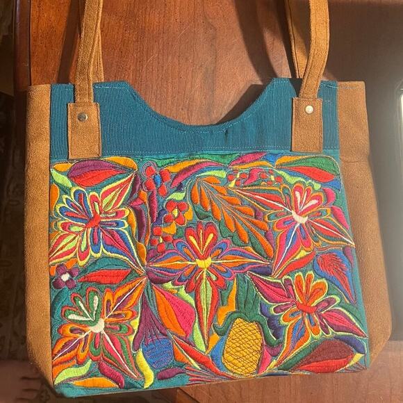 Corduroy and Suede purse shoulder bag embroidered floral pattern teal and tan - Picture 3 of 6